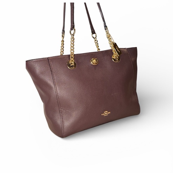 Coach Turnlock Chain Tote Polished Pebble Leather Gold Hardware - Picture 3 of 16